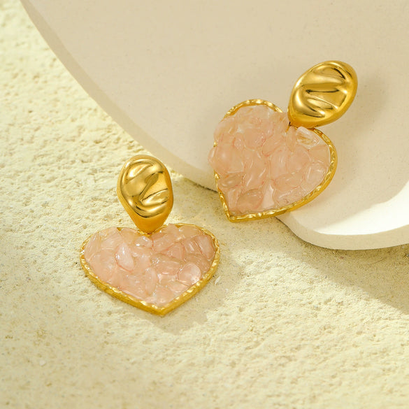 Wholesale Earrings Stainless Steel 18K Gold Inlaid Natural Stone Love Heart Pendant Electroplated