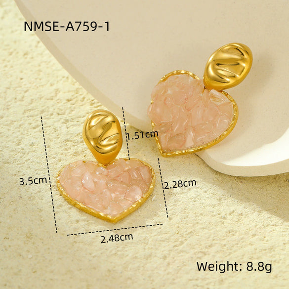 Wholesale Earrings Stainless Steel 18K Gold Inlaid Natural Stone Love Heart Pendant Electroplated