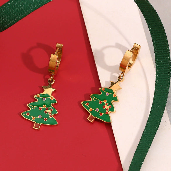 Wholesale Earrings Stainless Steel 18K Gold Plated Cartoon Christmas Tree Design