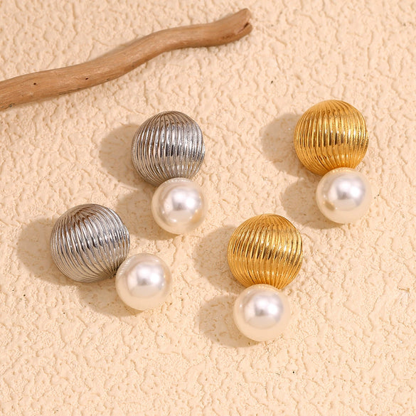 Wholesale Earrings Stainless Steel 18K Gold Plated Geometric French Hot Air Balloon Imitation Pearl Pendant For Women