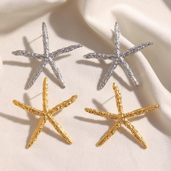 Wholesale Earrings Stainless Steel 18K Gold Plated Hammered Starfish Animal Style