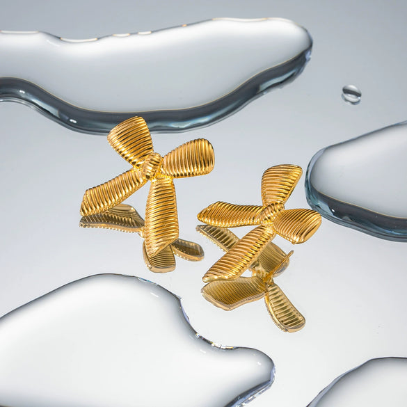Wholesale Earrings Stainless Steel 18K Gold Plated Striped Bow Style Jewelry For Women