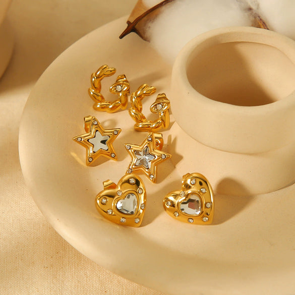 Wholesale Earrings Stainless Steel 18K Gold Plated Zircon Star Peach Heart Simple Design For Women
