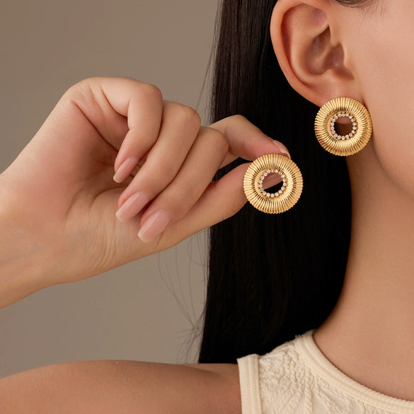 Wholesale Earrings Stainless Steel 18K Gold Round Hollow Design Electroplated Women's Simple Style