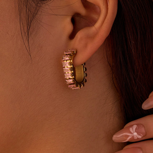 Wholesale Earrings Stainless Steel 18K U Shaped Zircon Electroplated