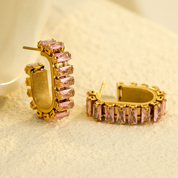 Wholesale Earrings Stainless Steel 18K U Shaped Zircon Electroplated
