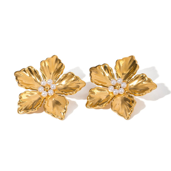 Wholesale Earrings Stainless Steel Pearl Flower Geometric Style Electroplating