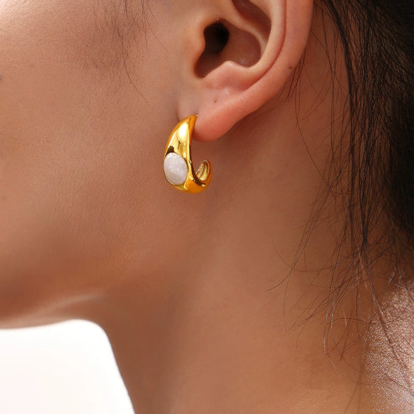 Wholesale Earrings Stainless Steel Pearl Powder Drop Oil Geometric Cshaped 18K Gold Plated