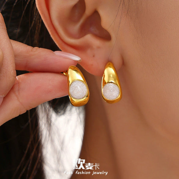Wholesale Earrings Stainless Steel Pearl Powder Drop Oil Geometric Cshaped 18K Gold Plated
