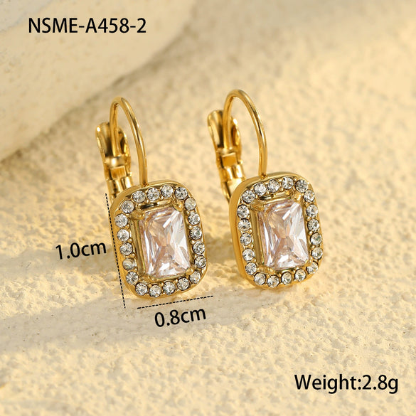 Wholesale Earrings Stainless Steel Real Gold Plated Geometric Square Zircon French Retro Style