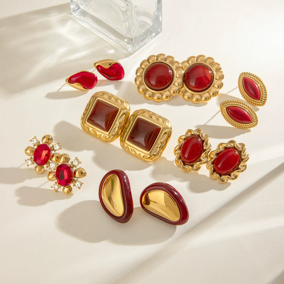Wholesale Earrings Stainless Steel Red Agate Resin Drop Glue Geometric Electroplating Women's