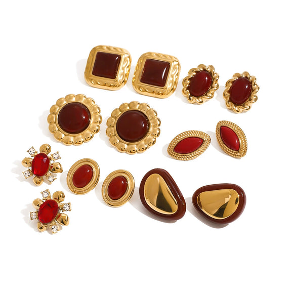 Wholesale Earrings Stainless Steel Red Agate Resin Drop Glue Geometric Electroplating Women's