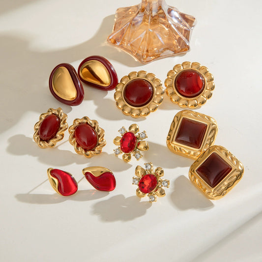 Wholesale Earrings Stainless Steel Red Agate Resin Drop Glue Geometric Electroplating Women's