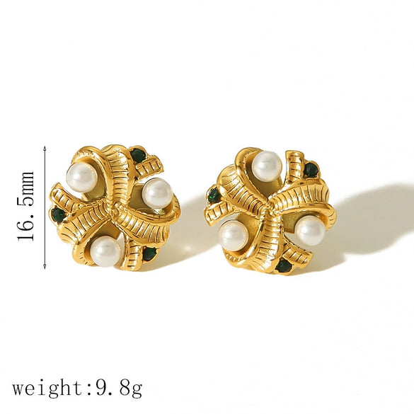Wholesale Earrings Stainless Steel Retro Round Pearl Inlaid With White Stone Geometric Ushape Electroplated For Women