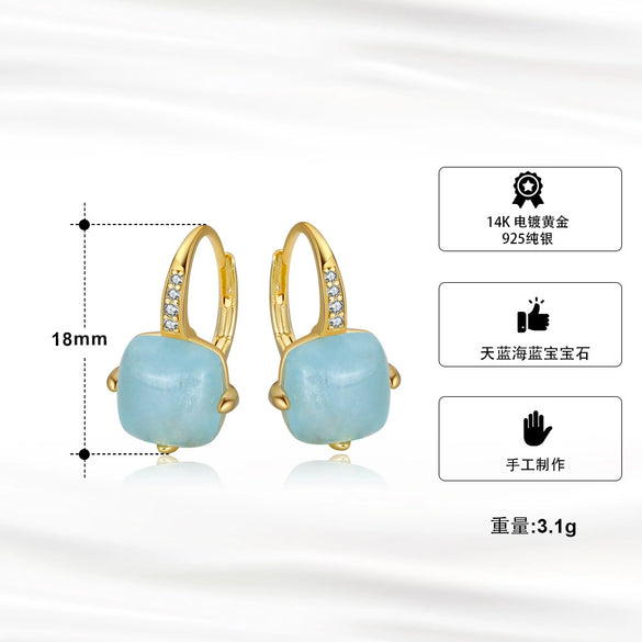Wholesale Earrings 925 Sterling Silver Natural Aquamarine 14K Gold Heart Shaped Geometric Electroplated Jewelry For Women