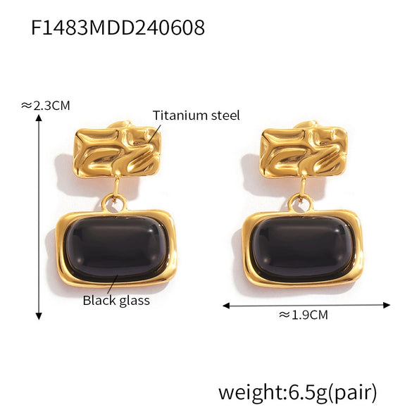 Wholesale Earrings 316L Stainless Steel Black Glass Inlaid Geometric British Retro Style Gold Plated
