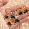Wholesale Earrings 316L Stainless Steel Black Glass Inlaid Geometric British Retro Style Gold Plated
