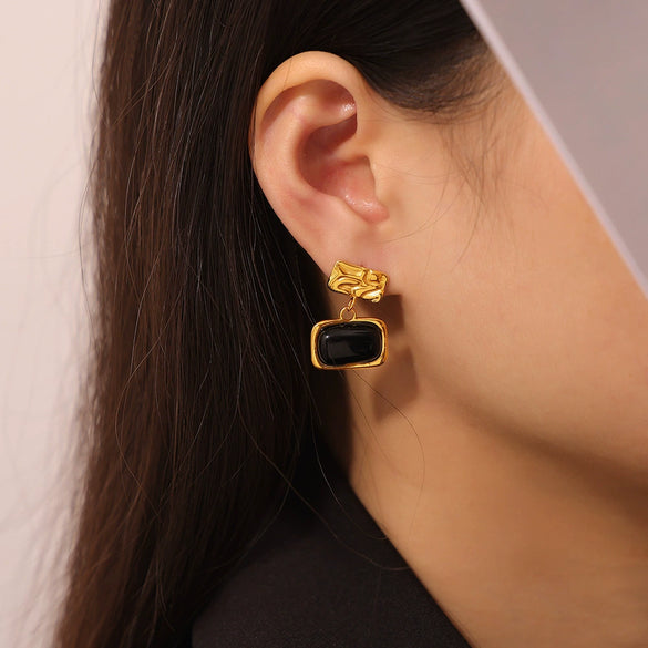 Wholesale Earrings 316L Stainless Steel Black Glass Inlaid Geometric British Retro Style Gold Plated