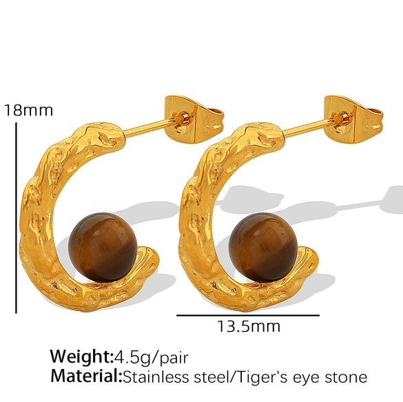 Wholesale Earrings 316L Stainless Steel Geometric Ripple Imitation Pearl C Shape Electroplating Design For Women