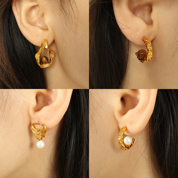 Wholesale Earrings 316L Stainless Steel Geometric Ripple Imitation Pearl C Shape Electroplating Design For Women