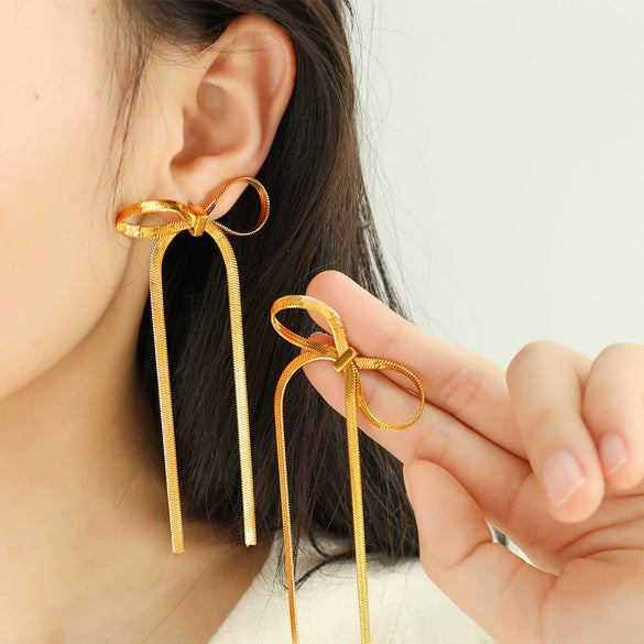 Wholesale Earrings 316L Stainless Steel Gold Plated Bow Tassel Retro Fashion Design