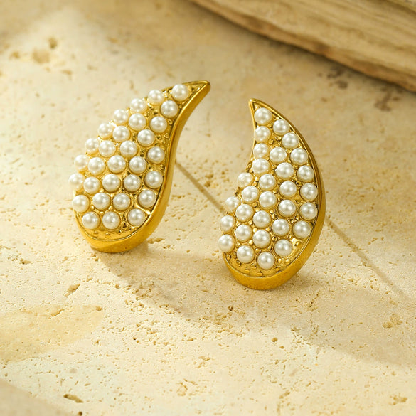 Wholesale Earrings Titanium Steel 18K Gold Plated Hollow Drops With Pearl Vintage Style