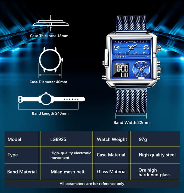 Wholesale Electronic Quartz Watch Square Alloy Case Stainless Steel Mesh Belt Sporty Style For Men
