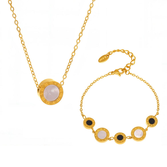 Wholesale Electroplated Geometric Roman Numerals Singlesided Black And White Shell Pendant Necklace And Bracelet Jewelry Set For Women Made Of Stainless Steel