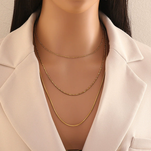 Wholesale Electroplated Geometric Stainless Steel And Titanium Steel 3Layer Clavicle Snake Bone Chain Unisex Necklace For Women