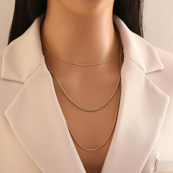 Wholesale Electroplated Geometric Stainless Steel And Titanium Steel 3Layer Clavicle Snake Bone Chain Unisex Necklace For Women