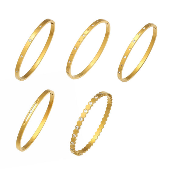 Wholesale Electroplated Geometric Stainless Steel Bracelet Set With Microinlaid Zircon And 18K Gold Plating
