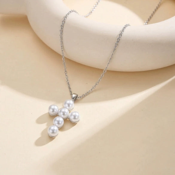 Wholesale Electroplated Geometric Stainless Steel Cross Pendant Necklace With Imitation Pearls For Women