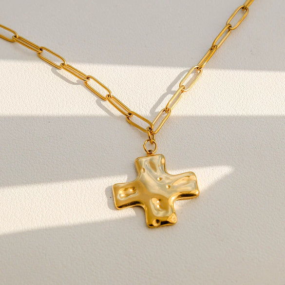Wholesale Electroplated Geometric Stainless Steel Titanium Steel Hammered Cross Pendant Necklace Ring Set For Women