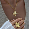Wholesale Electroplated Geometric Stainless Steel Titanium Steel Hammered Cross Pendant Necklace Ring Set For Women
