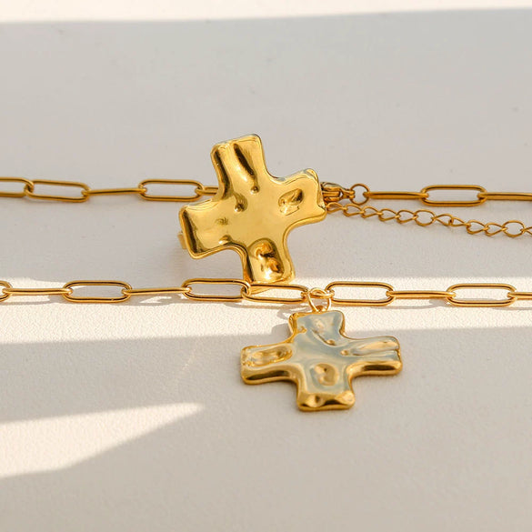 Wholesale Electroplated Geometric Stainless Steel Titanium Steel Hammered Cross Pendant Necklace Ring Set For Women