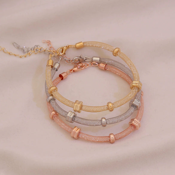 Wholesale Electroplated Metal Cshaped Rhinestone Mesh Open Elastic Bracelets For Women