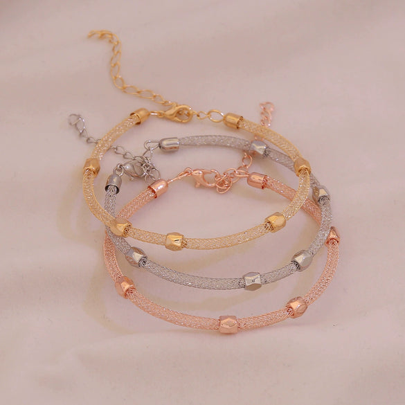 Wholesale Electroplated Metal Cshaped Rhinestone Mesh Open Elastic Bracelets For Women