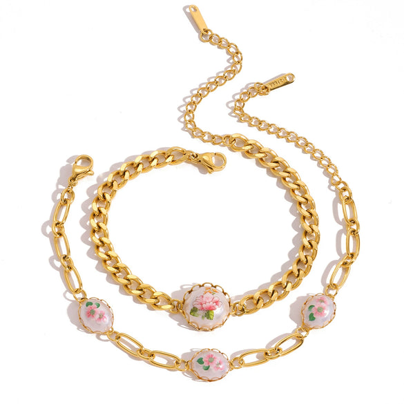 Wholesale Electroplated Stainless Steel Geometric And Floral Pattern Bracelet For Women