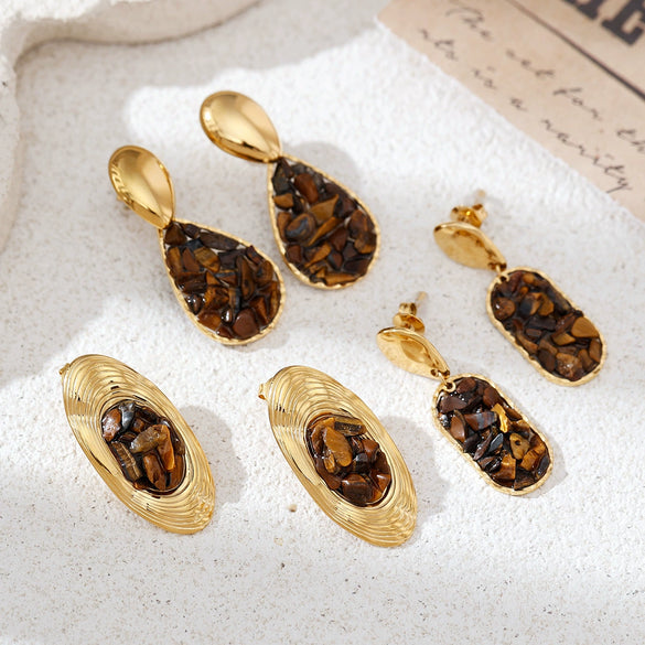 Wholesale Electroplated Stainless Steel Geometric And Heart Shape Star Pattern Inlaid Tiger Eye Stone Cute Earrings For Women
