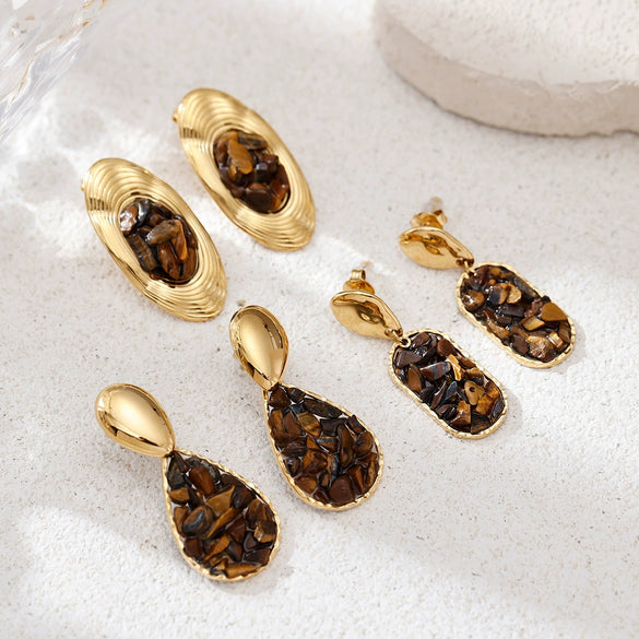Wholesale Electroplated Stainless Steel Geometric And Heart Shape Star Pattern Inlaid Tiger Eye Stone Cute Earrings For Women