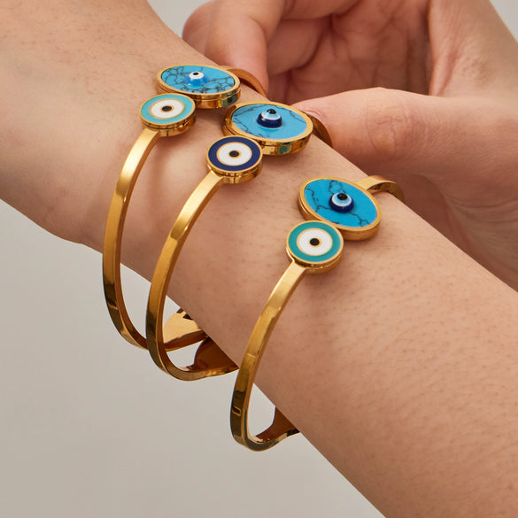 Wholesale Electroplated Stainless Steel Geometric Blue Eyeshaped Round Open Bracelet Set Niche Highend Jewelry Accessories