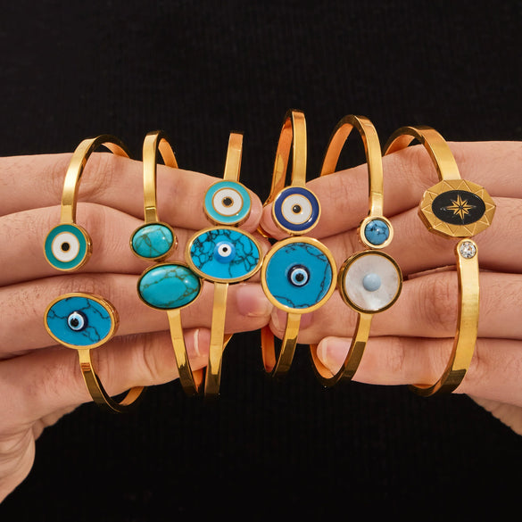 Wholesale Electroplated Stainless Steel Geometric Blue Eyeshaped Round Open Bracelet Set Niche Highend Jewelry Accessories