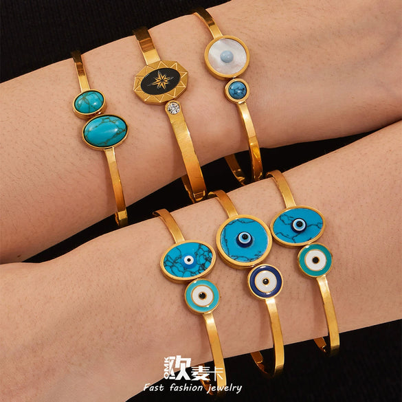 Wholesale Electroplated Stainless Steel Geometric Blue Eyeshaped Round Open Bracelet Set Niche Highend Jewelry Accessories