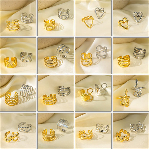 Wholesale Electroplated Titanium Steel Geometric Heart Flower Wave Shape Opening Adjustable Hollow Ring For Women