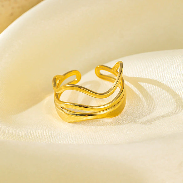 Wholesale Electroplated Titanium Steel Geometric Heart Flower Wave Shape Opening Adjustable Hollow Ring For Women