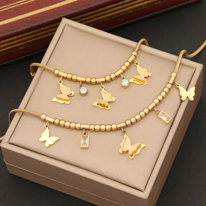 Wholesale Elegant Butterfly Stainless Steel Plating Inlay Artificial Diamond Bracelets Earrings Necklace