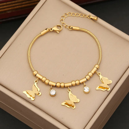 Wholesale Elegant Butterfly Stainless Steel Plating Inlay Artificial Diamond Bracelets Earrings Necklace