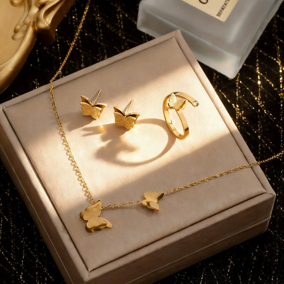 Wholesale Elegant Butterfly Stainless Steel Jewelry Set With 18K Plating For Women Including Necklace Earrings And Ring