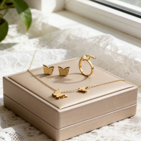 Wholesale Elegant Butterfly Stainless Steel Jewelry Set With 18K Plating For Women Including Necklace Earrings And Ring
