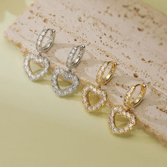 Wholesale Elegant Copper Inlaid Zirconium Heartshaped Hollow Love Earrings For Women
